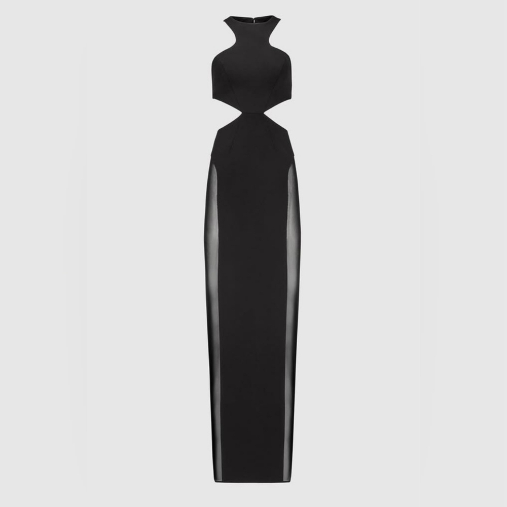 NWT DEITY New York Black Sleeveless Cut Out Sheer Maxi Dress Back‎ Slit Size 0